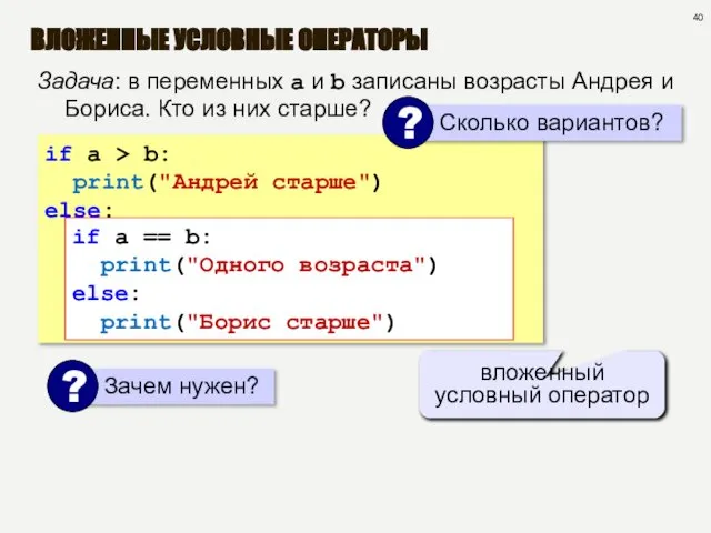 ВЛОЖЕННЫЕ УСЛОВНЫЕ ОПЕРАТОРЫ if a > b: print("Андрей старше") else: if