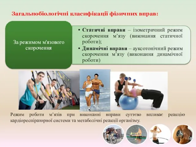 Загальнобіологічні класифікації фізичних вправ: Режим роботи м’язів при виконанні вправи суттєво