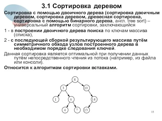 3.1 Сортировка деревом Сортировка с помощью двоичного дерева (сортировка двоичным деревом,