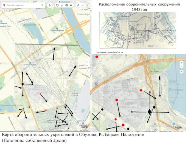 Карта оборонительных укреплений в Обухово, Рыбацкое. Наложение (Источник: собственный архив)