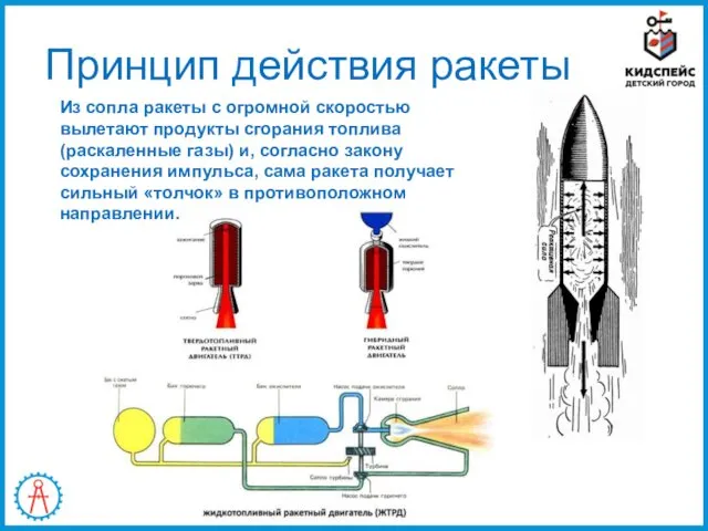 Принцип действия ракеты Из сопла ракеты с огромной скоростью вылетают продукты