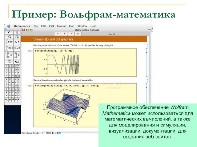 Пример: Вольфрам-математика Программное обеспечение Wolfram Mathematica может использоваться для математических вычислений,