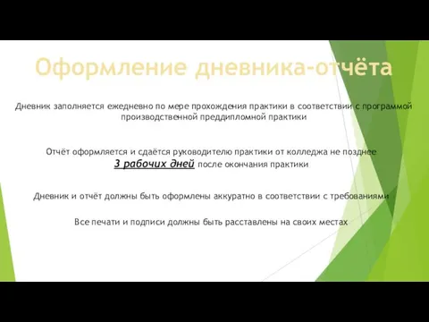 Оформление дневника-отчёта Дневник заполняется ежедневно по мере прохождения практики в соответствии