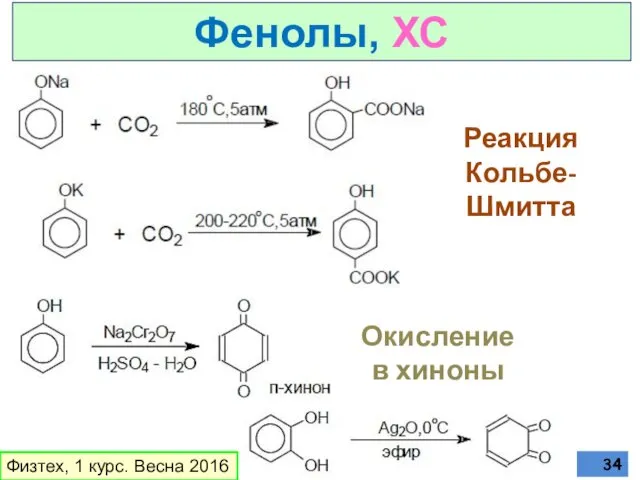 Физтех, 1 курс. Весна 2016 Фенолы, ХС Реакция Кольбе-Шмитта Окисление в хиноны