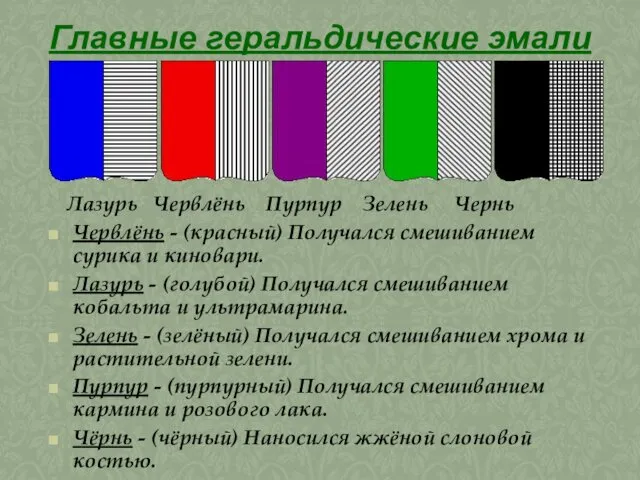 Главные геральдические эмали Лазурь Червлёнь Пурпур Зелень Чернь Червлёнь - (красный)