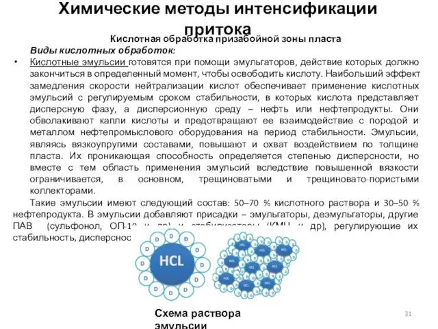 Химические методы интенсификации притока Кислотная обработка призабойной зоны пласта Виды кислотных