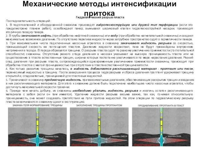 Механические методы интенсификации притока Гидравлический разрыв пласта Последовательность операций: 1. В