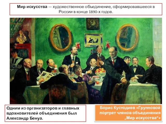 Борис Кустодиев «Групповой портрет членов объединения „Мир искусства“» Мир искусства —