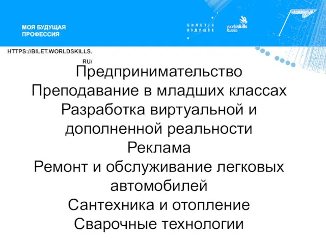 Предпринимательство Преподавание в младших классах Разработка виртуальной и дополненной реальности Реклама