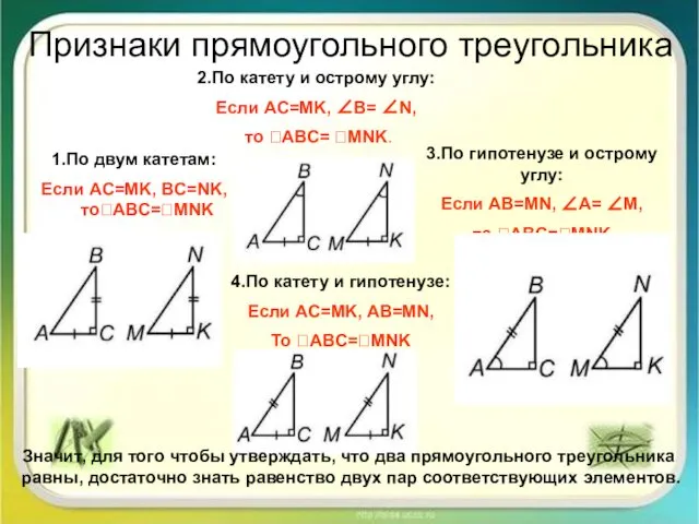 Признаки прямоугольного треугольника 1.По двум катетам: Если AC=MK, BC=NK, тоABC=MNK 2.По