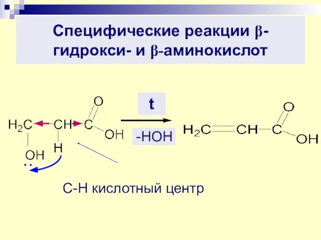 Специфические реакции β-гидрокси- и β-аминокислот t С-Н кислотный центр -НОН