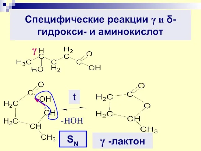 γ Специфические реакции γ и δ-гидрокси- и аминокислот γ -лактон t SN -HOH
