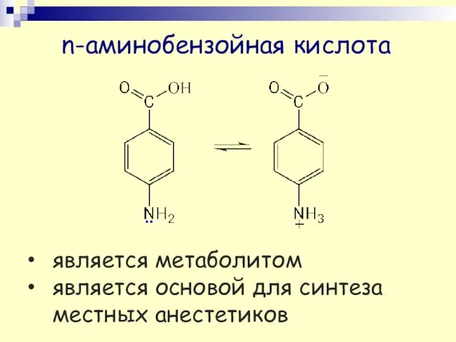 n-аминобензойная кислота является метаболитом является основой для синтеза местных анестетиков ..