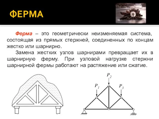 ФЕРМА Ферма – это геометрически неизменяемая система, состоящая из прямых стержней,