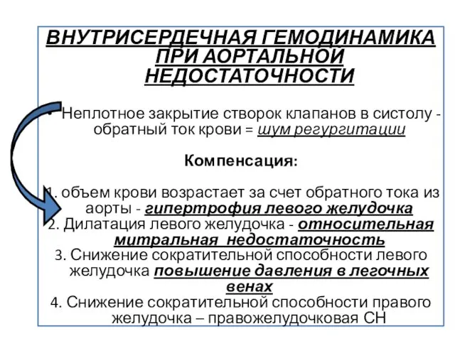 ВНУТРИСЕРДЕЧНАЯ ГЕМОДИНАМИКА ПРИ АОРТАЛЬНОЙ НЕДОСТАТОЧНОСТИ Неплотное закрытие створок клапанов в систолу