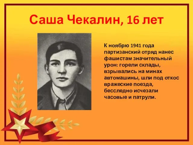 Саша Чекалин, 16 лет К ноябрю 1941 года партизанский отряд нанес