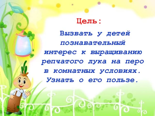Цель: Вызвать у детей познавательный интерес к выращиванию репчатого лука на
