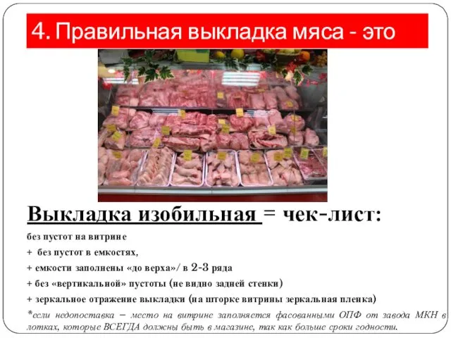 4. Правильная выкладка мяса - это Выкладка изобильная = чек-лист: без