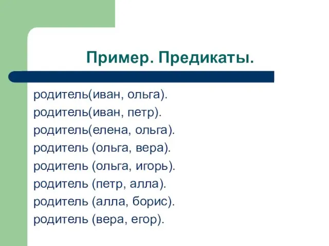 Пример. Предикаты. родитель(иван, ольга). родитель(иван, петр). родитель(елена, ольга). родитель (ольга, вера).