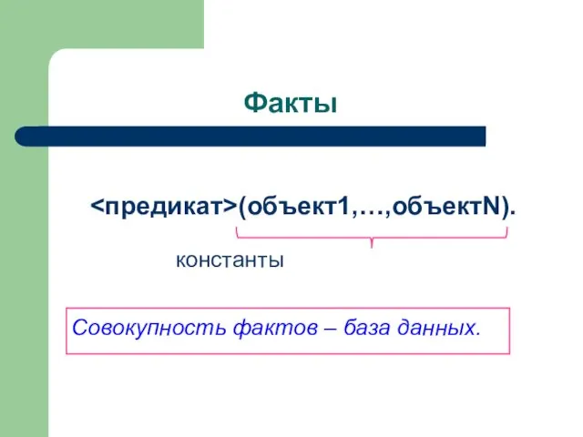 Факты (объект1,…,объектN). константы Совокупность фактов – база данных.