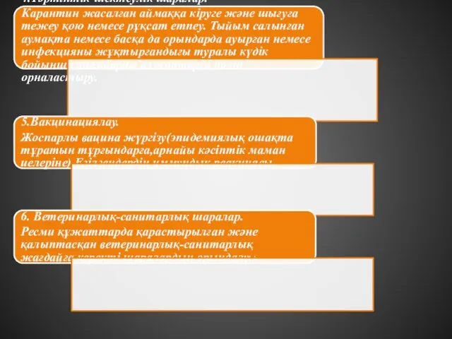 4.Тәртіптік-шектеулік шаралар. Карантин жасалған аймаққа кіруге және шығуға тежеу қою немесе