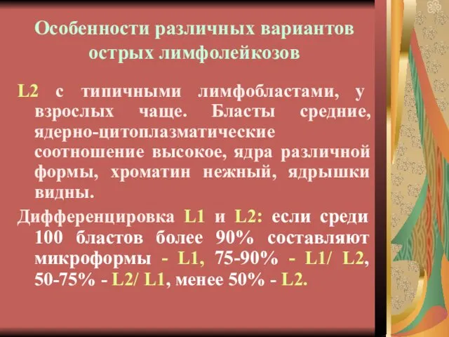 Особенности различных вариантов острых лимфолейкозов L2 с типичными лимфобластами, у взрослых