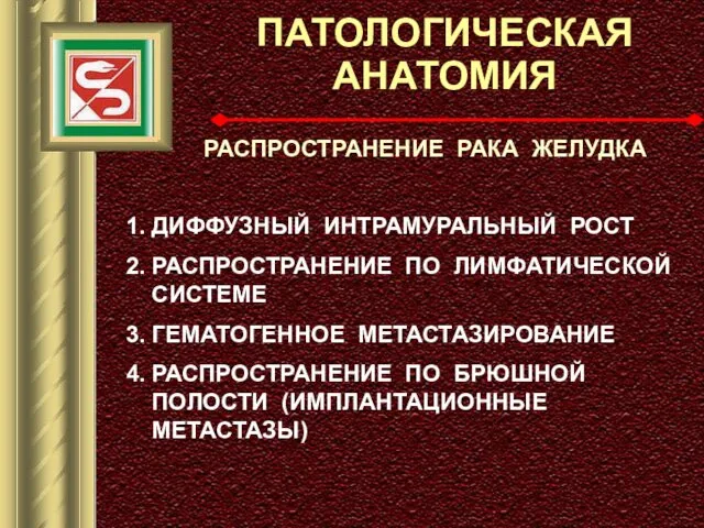 ПАТОЛОГИЧЕСКАЯ АНАТОМИЯ РАСПРОСТРАНЕНИЕ РАКА ЖЕЛУДКА 1. ДИФФУЗНЫЙ ИНТРАМУРАЛЬНЫЙ РОСТ 2. РАСПРОСТРАНЕНИЕ