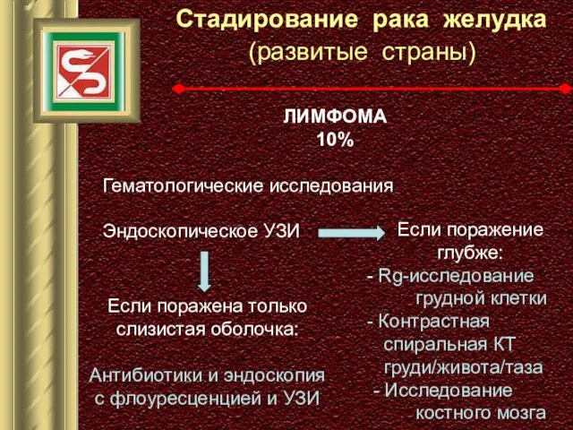 Стадирование рака желудка (развитые страны) ЛИМФОМА 10% Гематологические исследования Эндоскопическое УЗИ