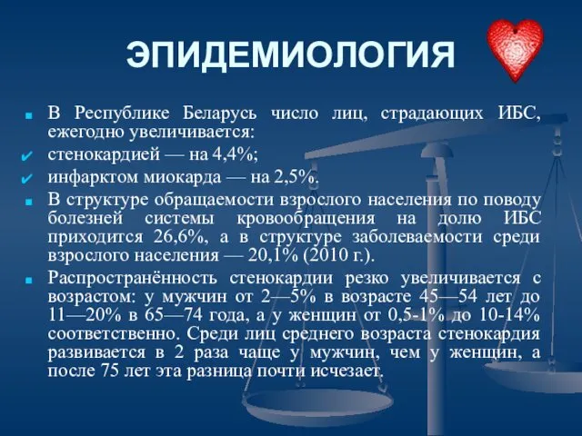 ЭПИДЕМИОЛОГИЯ В Республике Беларусь число лиц, страдающих ИБС, ежегодно увеличивается: стенокардией