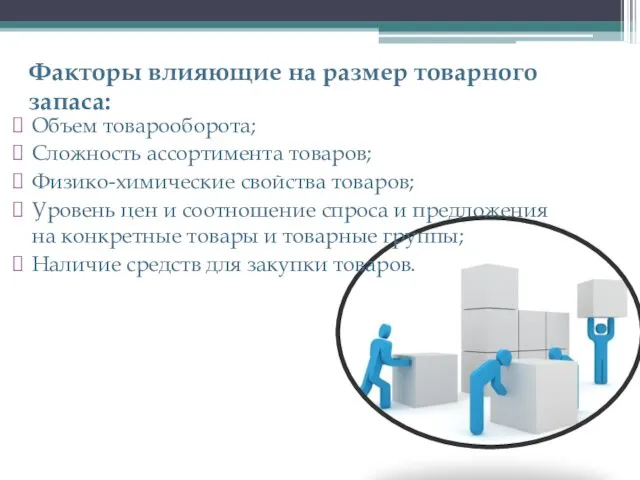 Факторы влияющие на размер товарного запаса: Объем товарооборота; Сложность ассортимента товаров;