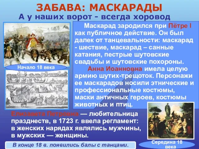 Елизавета Петровна — любительница празднеств, в 1723 г. ввела регламент: в