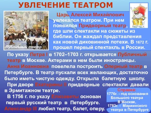 По указу Петра I в 1702–1703 г. открывается Публичный театр в