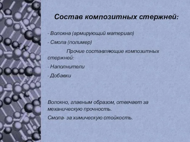 Состав композитных стержней: - Волокна (армирующий материал) - Смола (полимер) Прочие