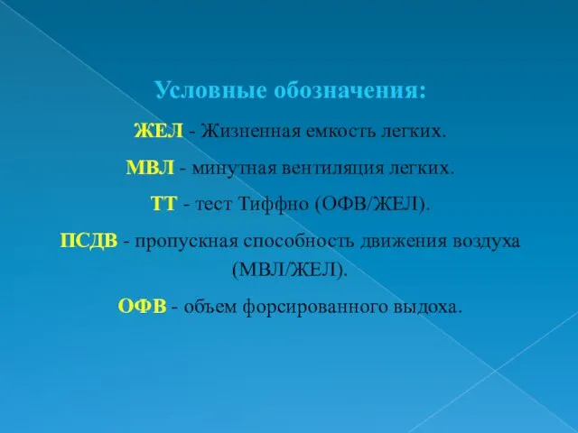 Условные обозначения: ЖЕЛ - Жизненная емкость легких. МВЛ - минутная вентиляция