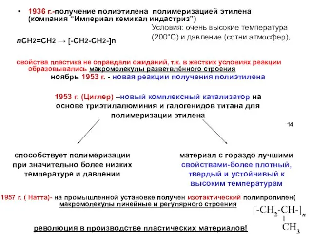 1953 г. (Циглер) –новый комплексный катализатор на основе триэтилалюминия и галогенидов