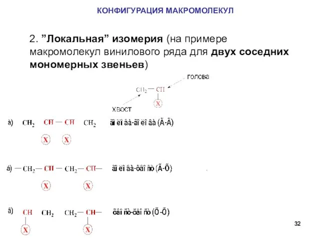 КОНФИГУРАЦИЯ МАКРОМОЛЕКУЛ 2. ”Локальная” изомерия (на примере макромолекул винилового ряда для двух соседних мономерных звеньев)