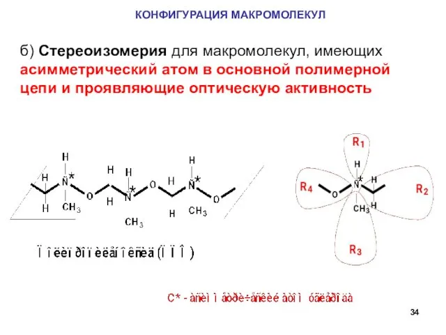 КОНФИГУРАЦИЯ МАКРОМОЛЕКУЛ б) Стереоизомерия для макромолекул, имеющих асимметрический атом в основной