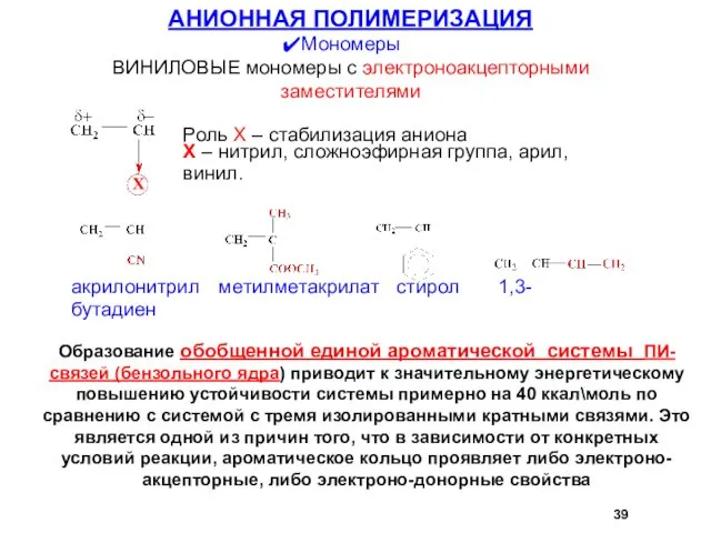 Роль X – стабилизация аниона АНИОННАЯ ПОЛИМЕРИЗАЦИЯ Мономеры ВИНИЛОВЫЕ мономеры с