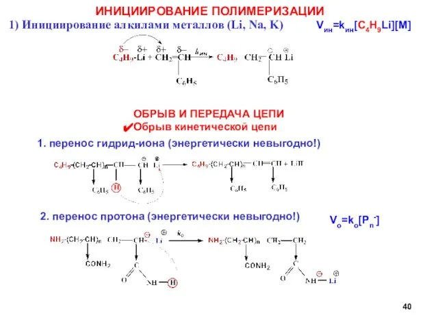 ИНИЦИИРОВАНИЕ ПОЛИМЕРИЗАЦИИ 1) Инициирование алкилами металлов (Li, Na, K) Vин=kин[C4H9Li][M] ОБРЫВ