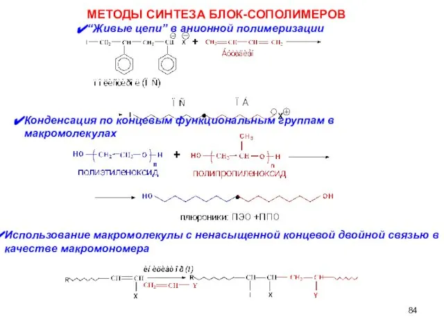 МЕТОДЫ СИНТЕЗА БЛОК-СОПОЛИМЕРОВ “Живые цепи” в анионной полимеризации Конденсация по концевым