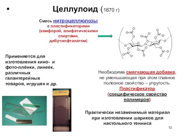 Целлулоид (1870 г) Применяется для изготовления кино- и фото-плёнки, линеек, различных