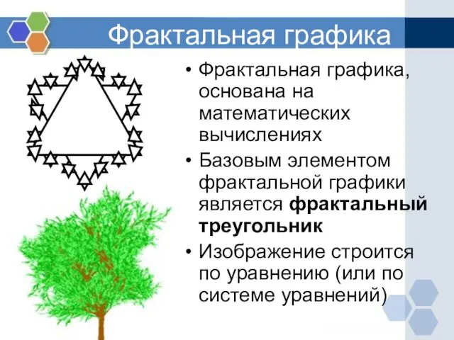 Фрактальная графика Фрактальная графика, основана на математических вычислениях Базовым элементом фрактальной