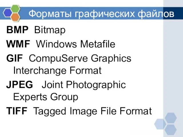 Форматы графических файлов BMP Bitmap WMF Windows Metafile GIF CompuServe Graphics