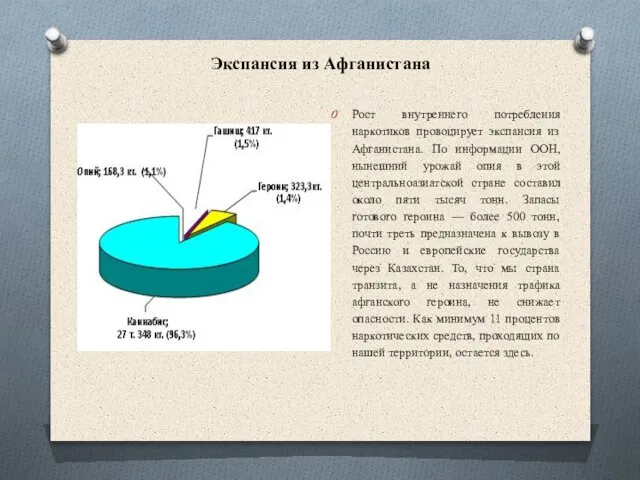 Экспансия из Афганистана Рост внутреннего потребления наркотиков провоцирует экспансия из Афганистана.