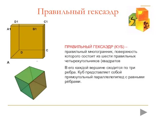 Правильный гексаэдр ПРАВИЛЬНЫЙ ГЕКСАЭДР (КУБ) – правильный многогранник, поверхность которого состоит