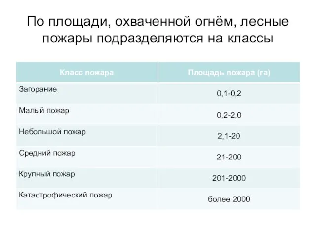 По площади, охваченной огнём, лесные пожары подразделяются на классы