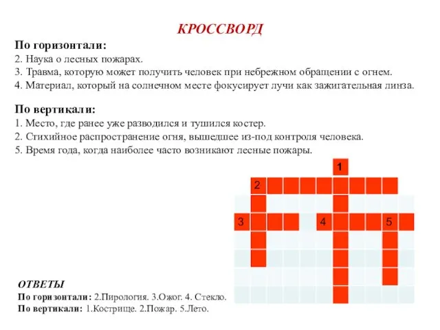 КРОССВОРД По горизонтали: 2. Наука о лесных пожарах. 3. Травма, которую