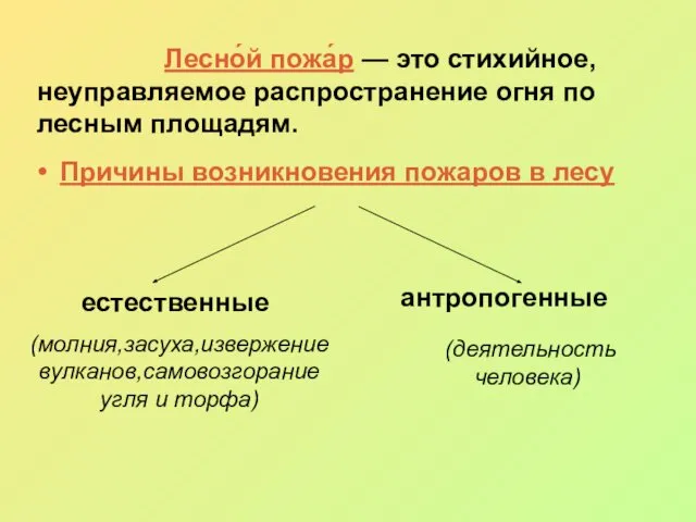 Лесно́й пожа́р — это стихийное, неуправляемое распространение огня по лесным площадям.