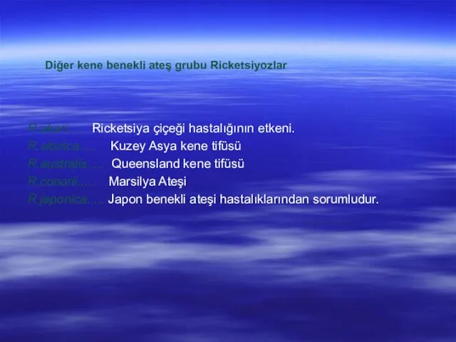 Diğer kene benekli ateş grubu Ricketsiyozlar R.akari..... Ricketsiya çiçeği hastalığının etkeni.