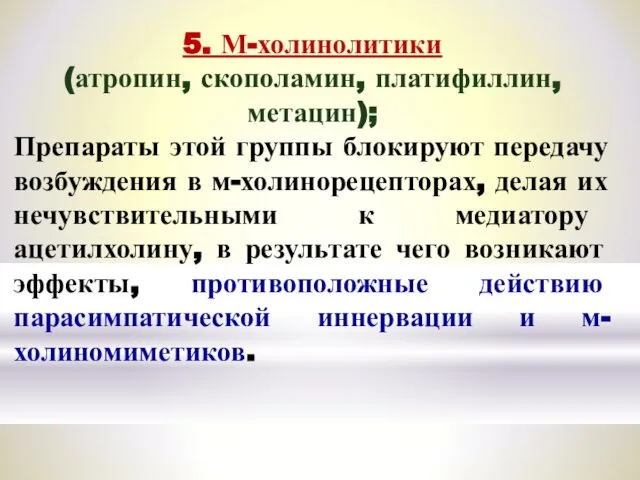 5. М-холинолитики (атропин, скополамин, платифиллин, метацин); Препараты этой группы блокируют передачу